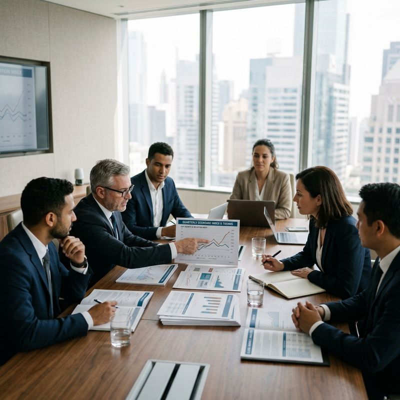 Comité de análisis financiero reunido para discutir mercados, economía y estrategias de inversión.