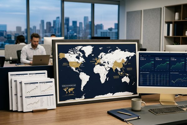 Visual de mercados financieros globales con índices, ETF, bonos y panorama macroeconómico.