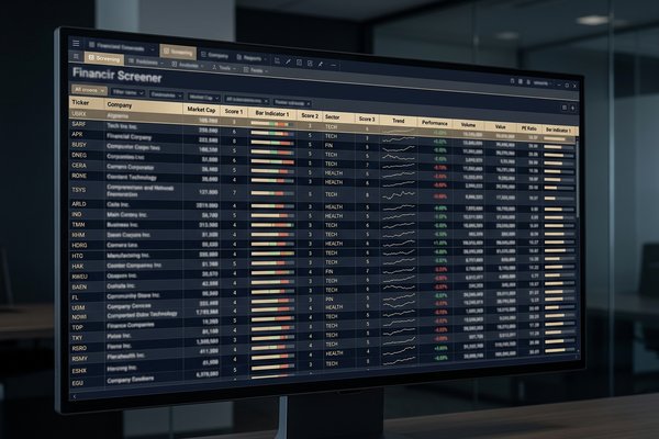 Screener financiero profesional con tabla de tickers, scores, factores y comparativos sectoriales.