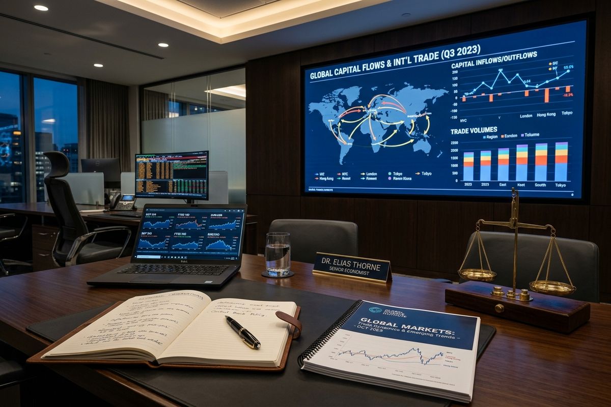 Centro institucional de research con visualizaciones de economía global y flujos internacionales de capital.